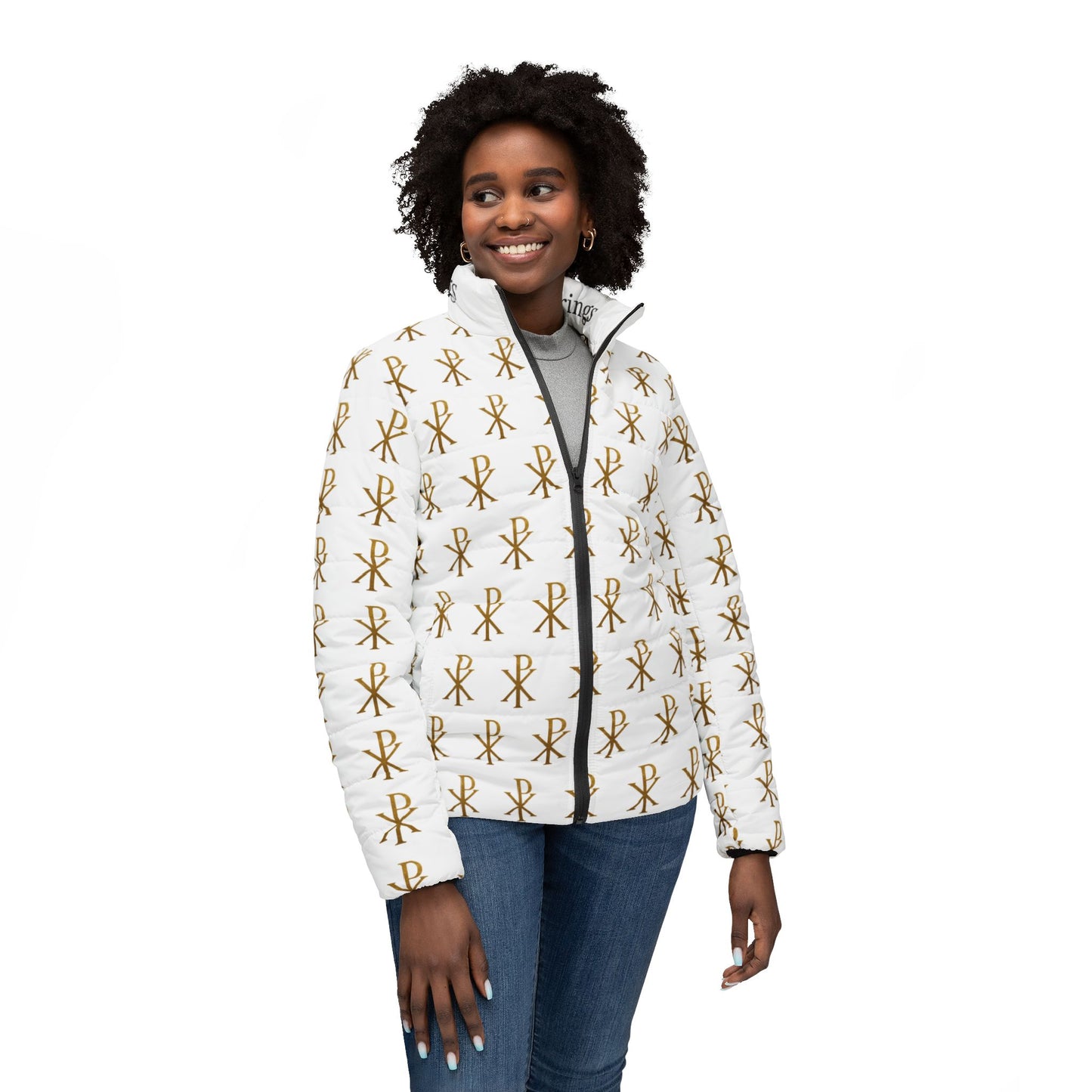 Radiant Victory Women’s Puffer Jacket – Gold Chi Rho Pattern