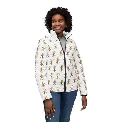 Radiant Victory Women’s Puffer Jacket – Gold Chi Rho Pattern