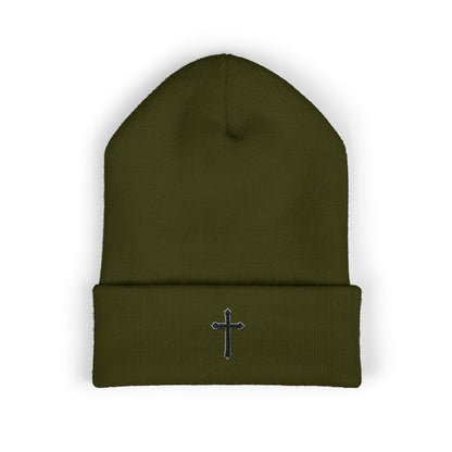 Shadowed Faith Cuffed Beanie – Black Embroidered Cross