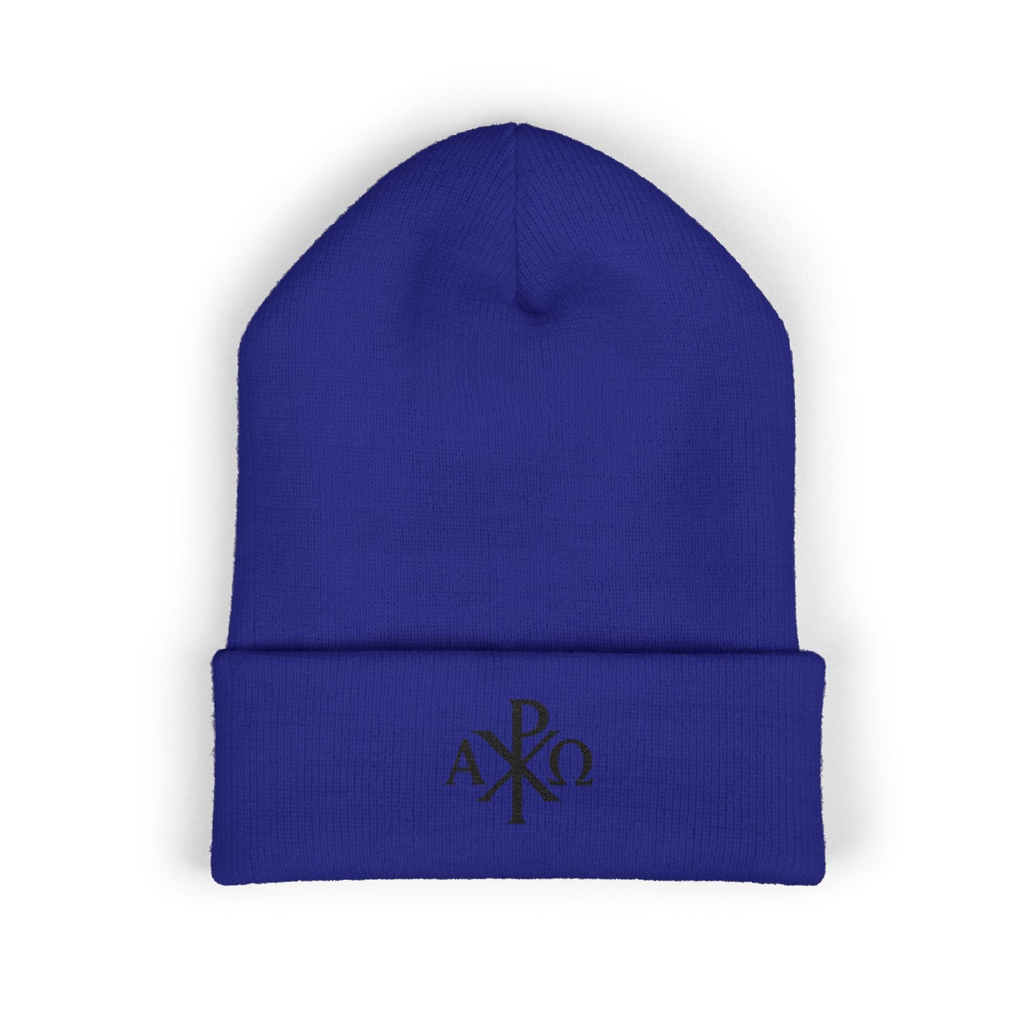 Eternal Light Cuffed Beanie – Black Chi Rho with Alpha & Omega