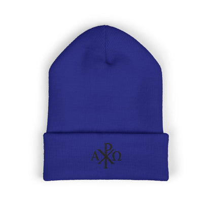 Eternal Light Cuffed Beanie – Black Chi Rho with Alpha & Omega