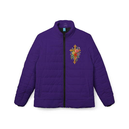 Blooming Faith Women’s Puffer Jacket in Purple – Floral Cross Crest