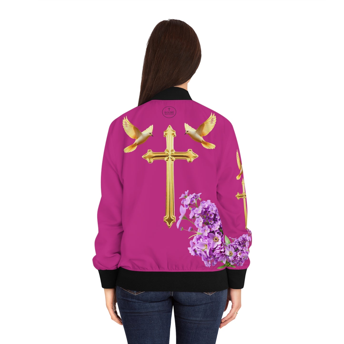 Heavenly Ascent – Gold Cross & Doves Women’s Bomber Jacket in Fuchsia