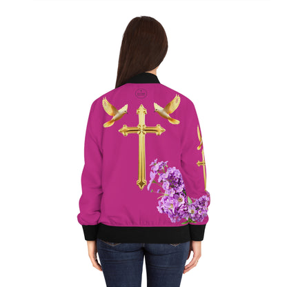 Heavenly Ascent – Gold Cross & Doves Women’s Bomber Jacket in Fuchsia