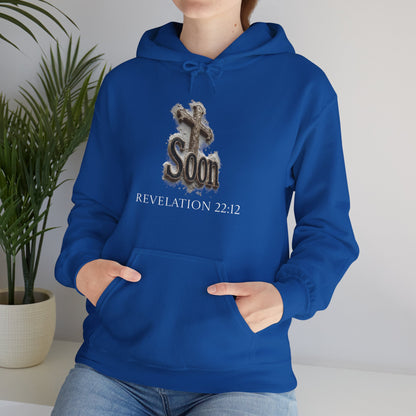 Christian Women’s Hoodie – Soon Cross Hoodie with Revelation 22:12 (White Lettering)