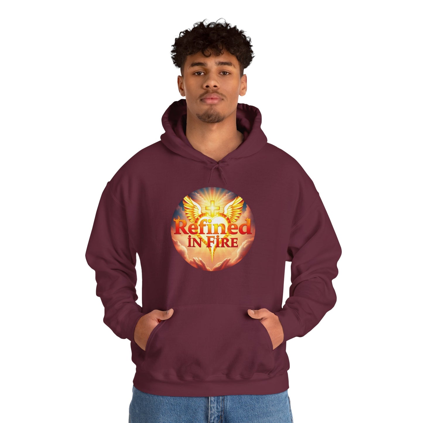“Refined in Fire” Christian Hoodie – Bold Flame Design Faith Pullover
