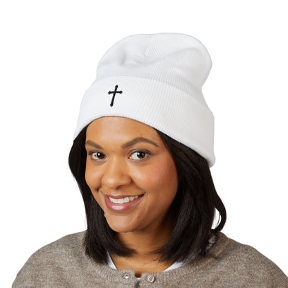 Shadowed Faith Cuffed Beanie – Black Embroidered Cross