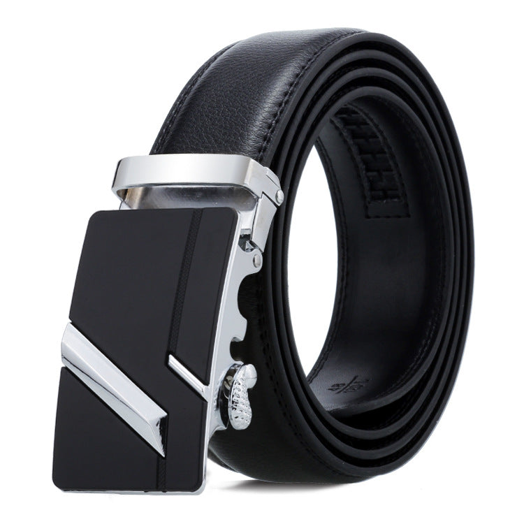 Black leather belt with a silver buckle on a white background