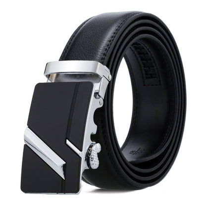 Black leather belt with a silver buckle on a white background
