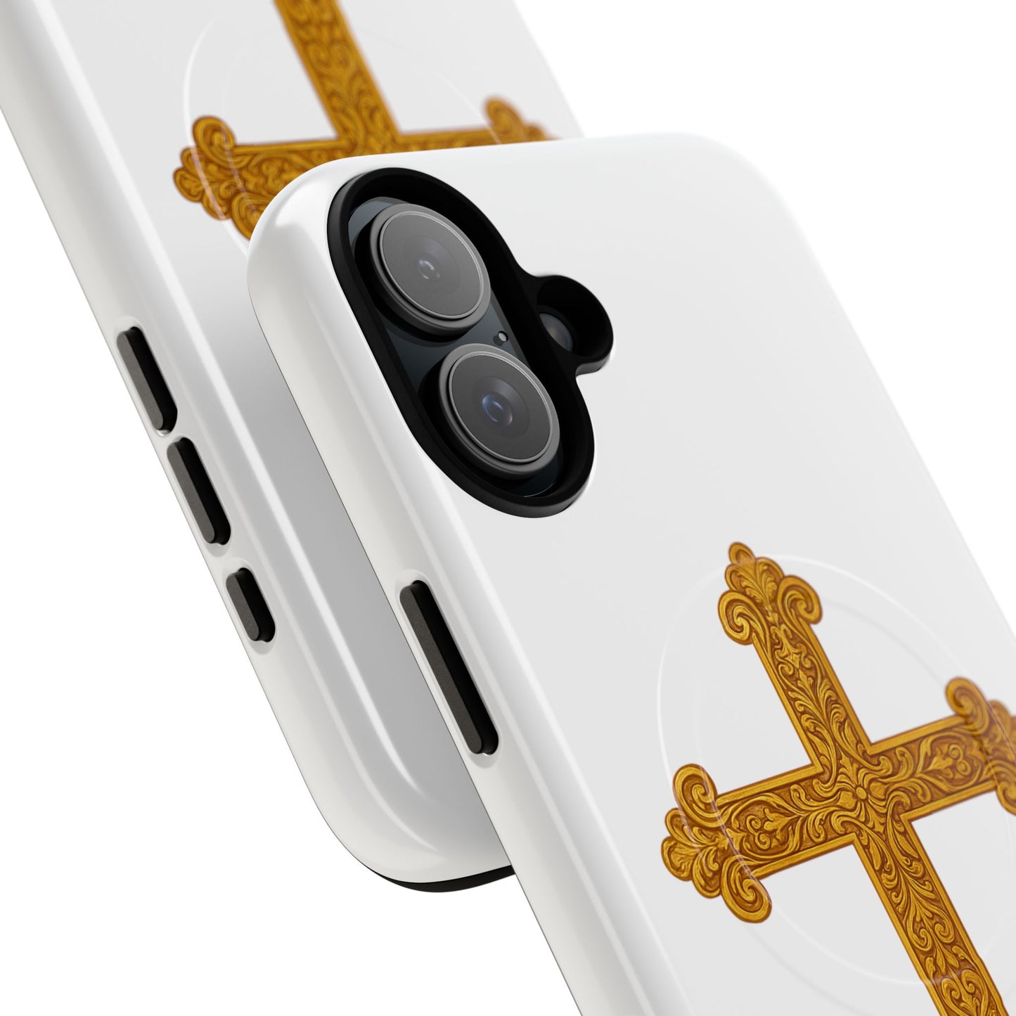 Gold Cross on White Magnetic Tough Case for iPhone – Strength in Faith