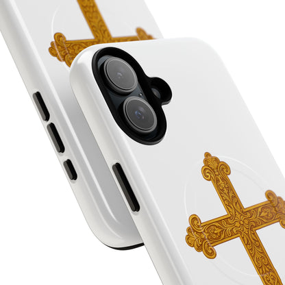 Gold Cross on White Magnetic Tough Case for iPhone – Strength in Faith