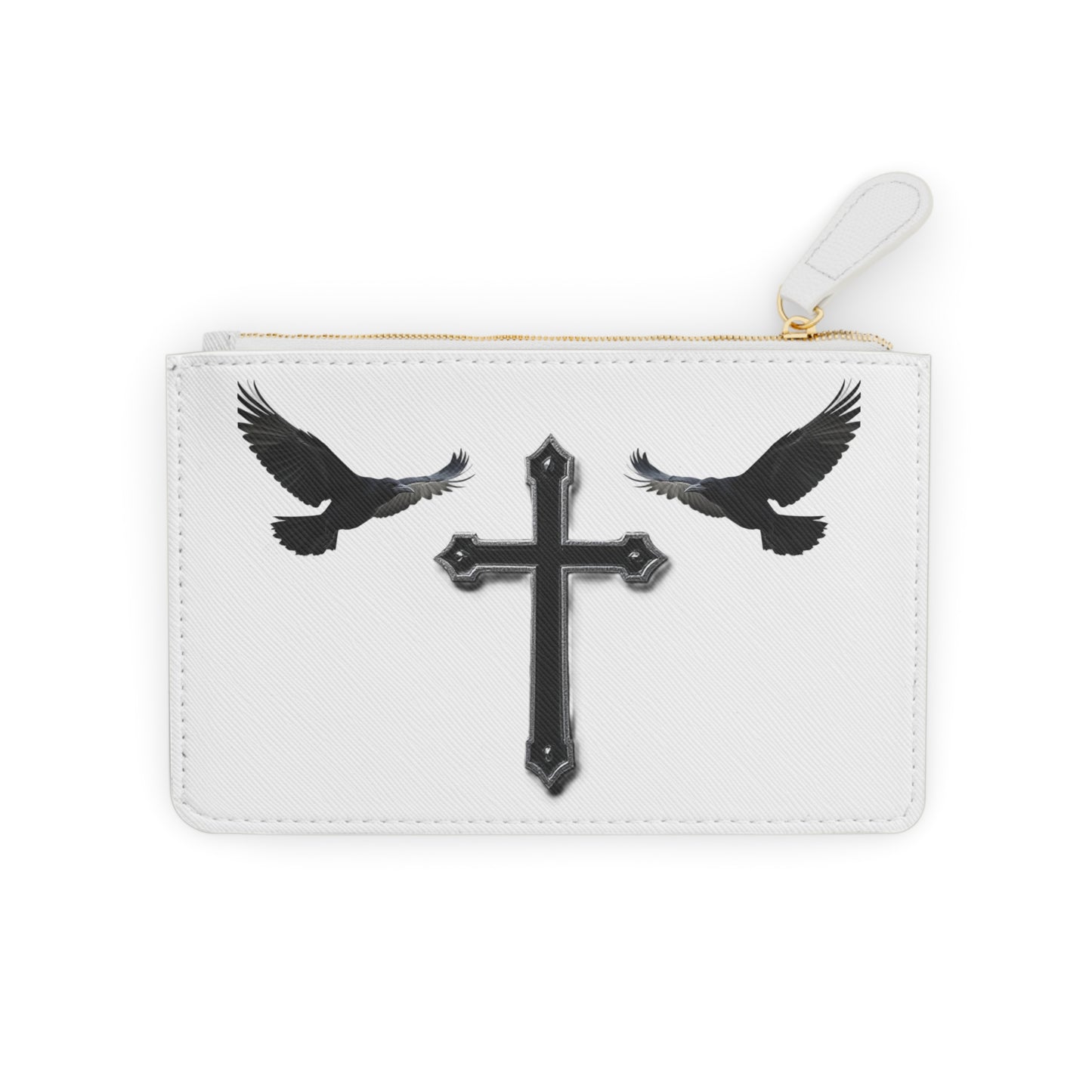 “Shadowed Faith” | Women’s Mini Clutch – Black Cross with Flanking Crows