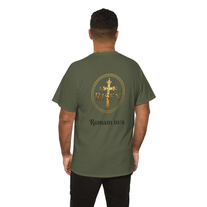 Men’s Romans 10:9 Christian T-Shirt – Jesus Is Lord & He Is Risen (Dark Lettering)