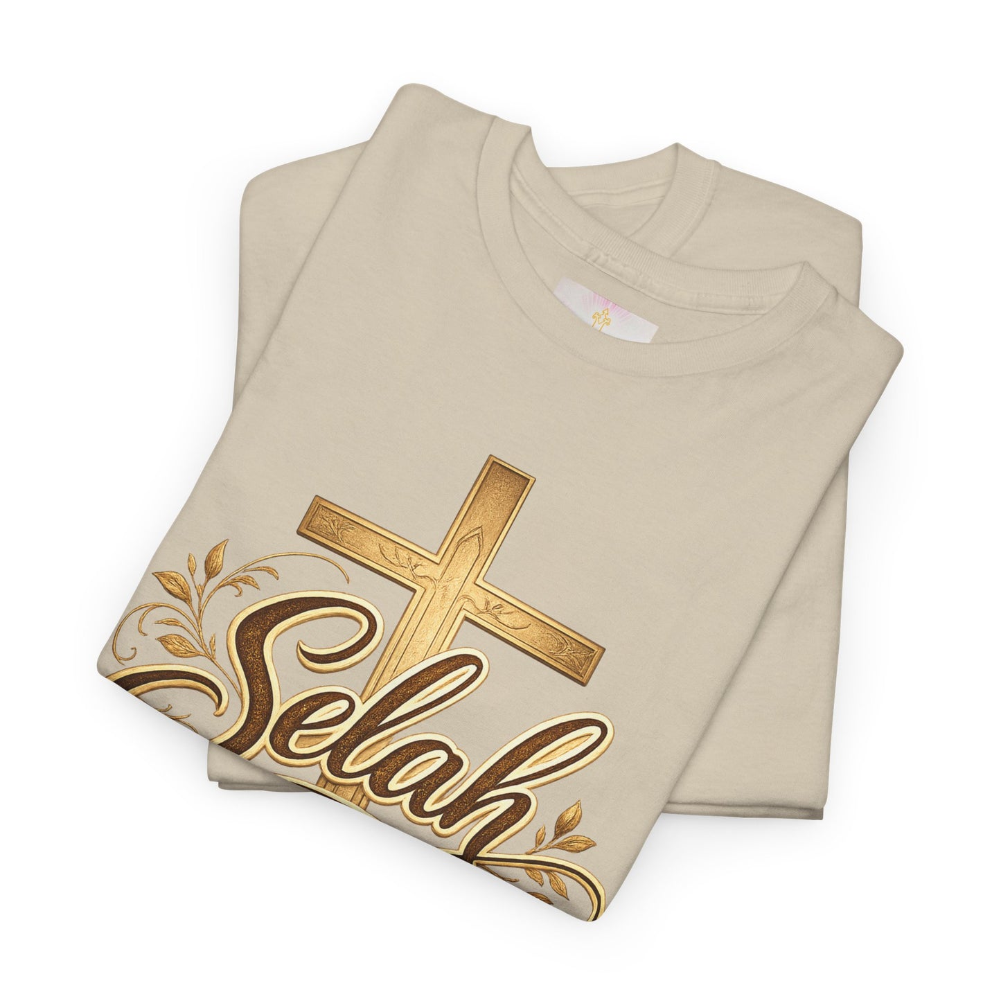 Selah Cross Tee — Women's Christian T‑Shirt with Gold Script