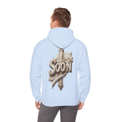 “Soon” Cross Men’s Hoodie – Back Print Faith Statement