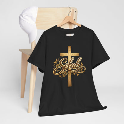 Selah Cross Tee — Women's Christian T‑Shirt with Gold Script