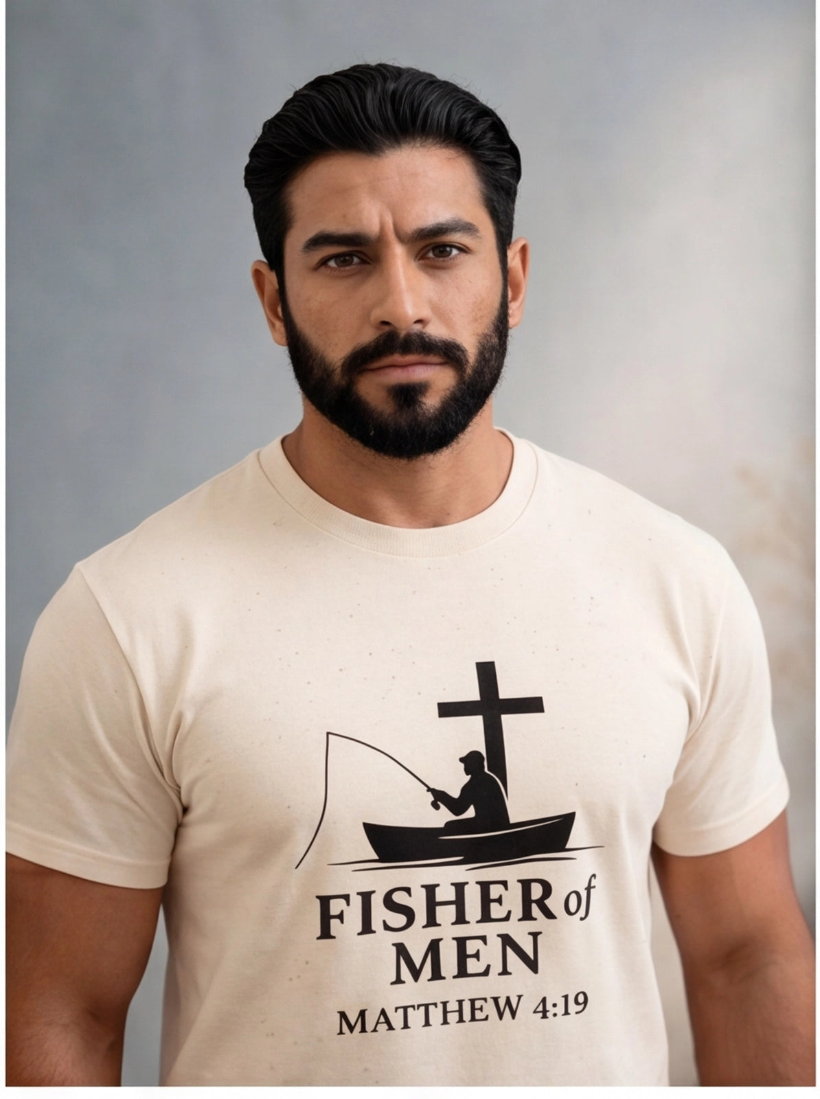 Man wearing a white t-shirt with a 'Fisher of Men' design and text.
