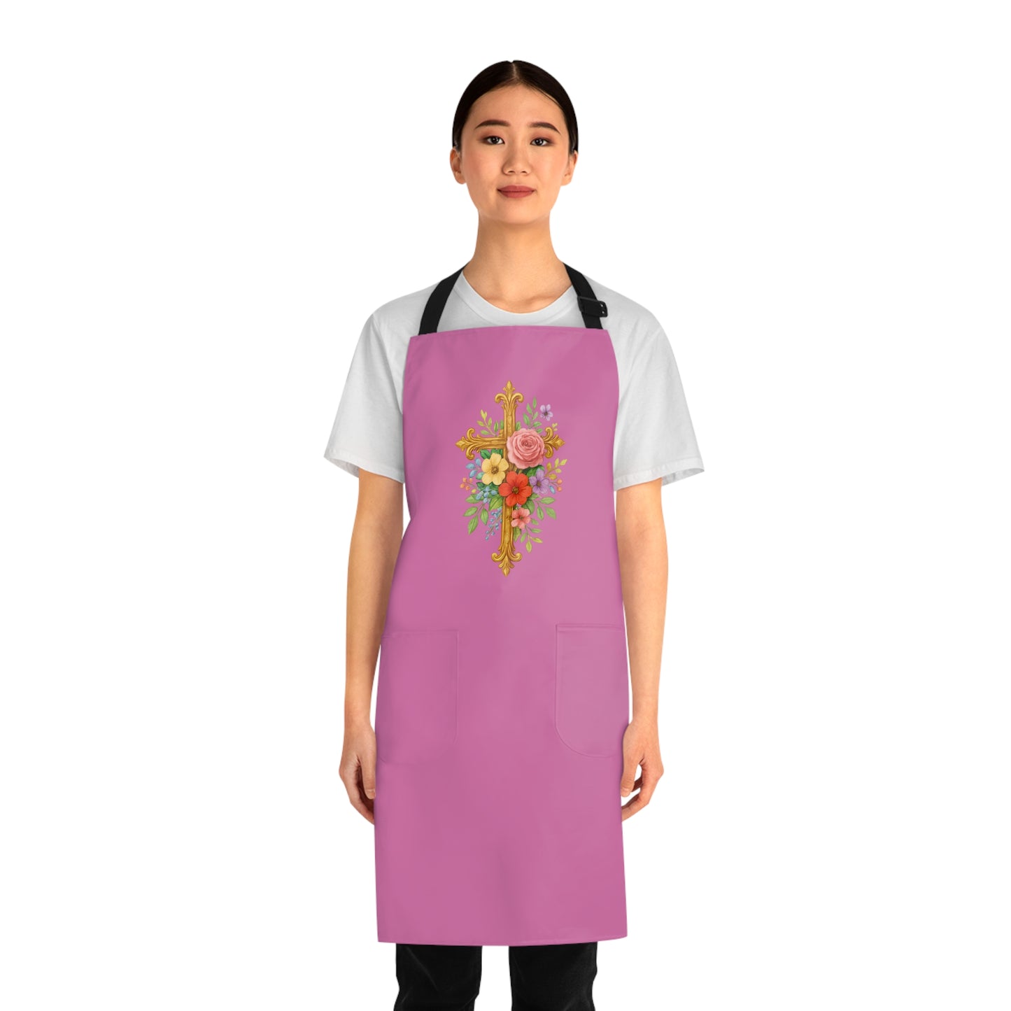 Floral Cross Christian Kitchen Apron in Pink – Faith & Beauty in Every Meal