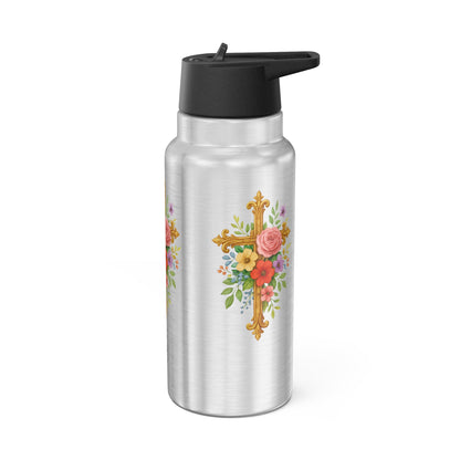 Floral Cross Stainless Steel Gator Tumbler – Faith-Inspired Hydration