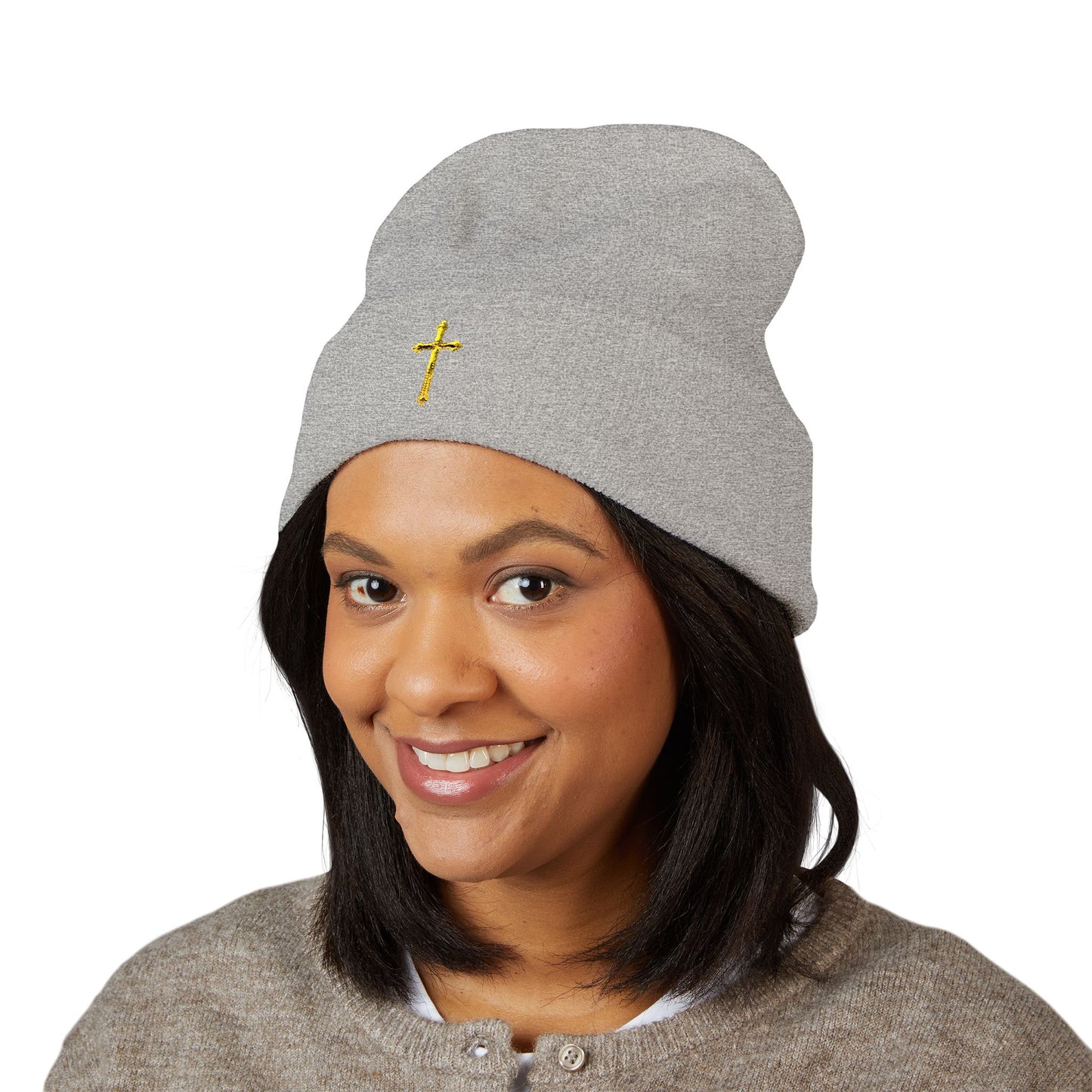 Golden Grace Cuffed Beanie – Embroidered Cross