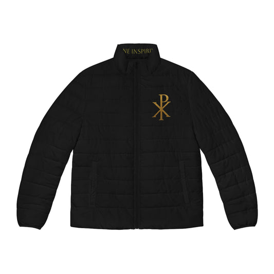 Men's Black Puffer Jacket with Gold Chi Rho – Symbol of Faith and Strength