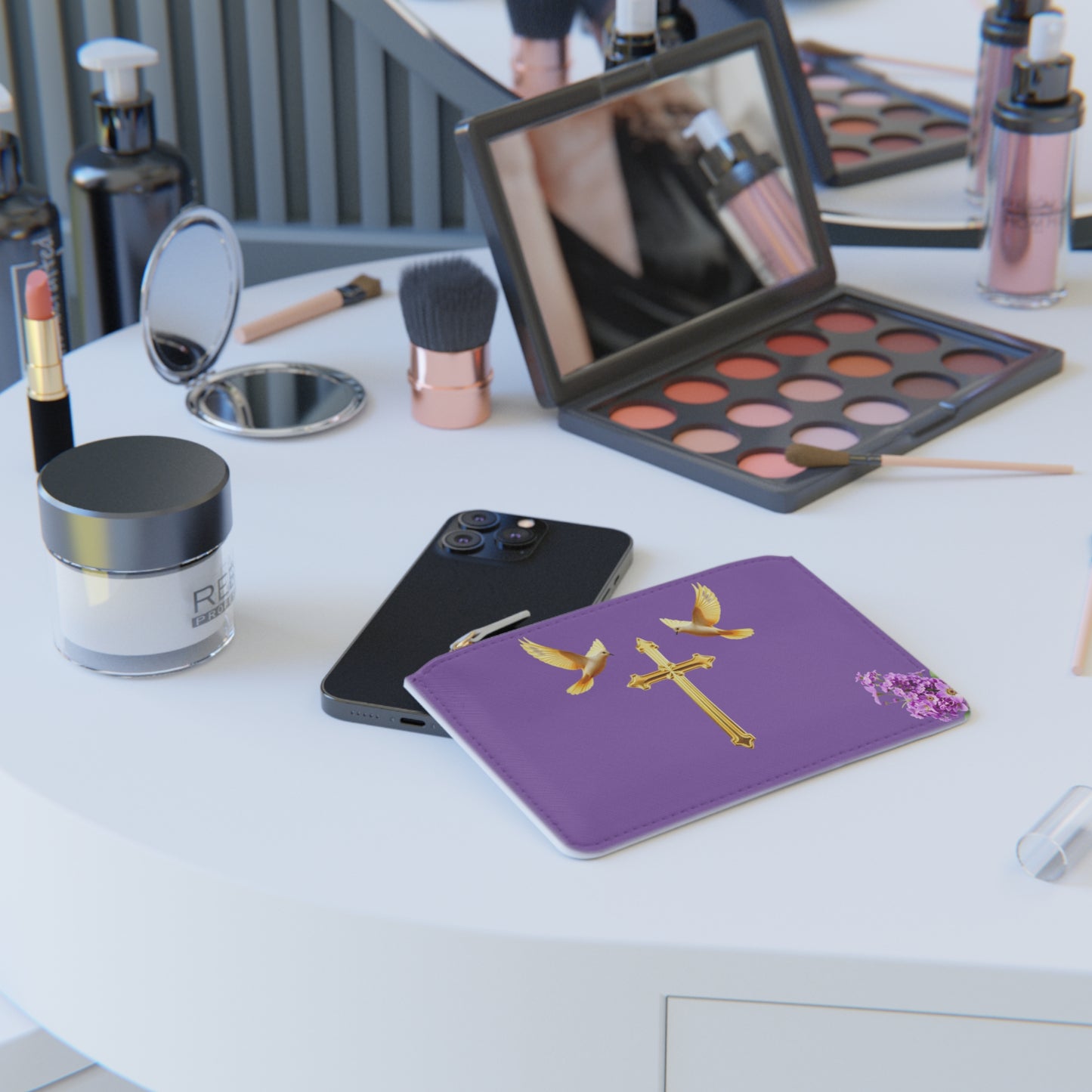 “Heaven’s Embrace” | Women’s Mini Clutch in Mauve – Gold Cross with Flying Doves