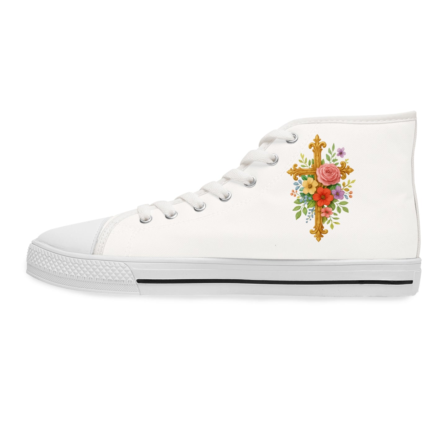 Faith in Bloom – Women’s White High-Top Sneakers with Floral Cross