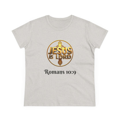 Women’s Romans 10:9 Christian T-Shirt – Jesus Is Lord & He Is Risen (Dark Lettering)