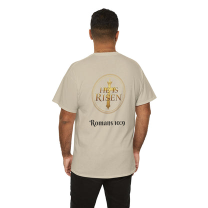 Men’s Romans 10:9 Christian T-Shirt – Jesus Is Lord & He Is Risen (Dark Lettering)