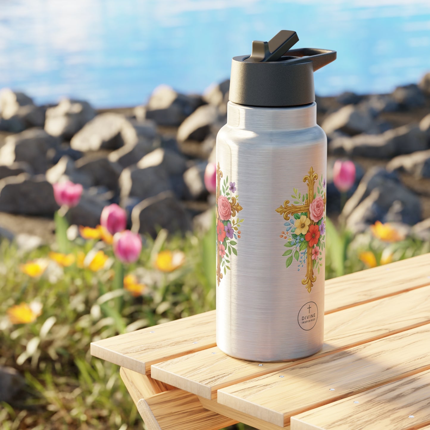 Floral Cross Stainless Steel Gator Tumbler – Faith-Inspired Hydration
