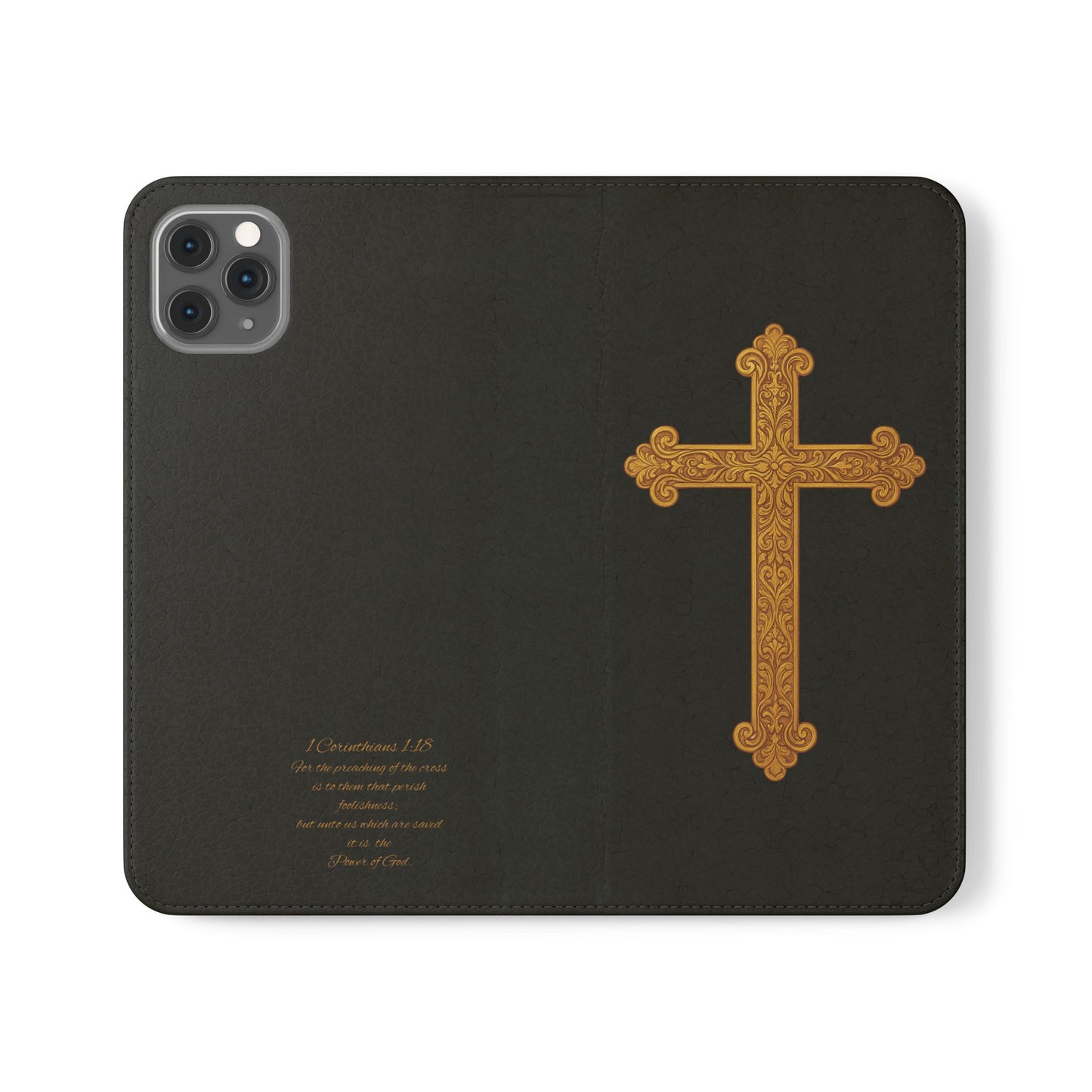 Black with Gold Cross & 1 Corinthians 1:18 - iPhone Flip/Wallet Phone Case