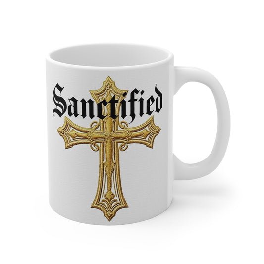 'Sanctified' Christian Cross Mug – 11oz & 15oz Ceramic Faith Cup