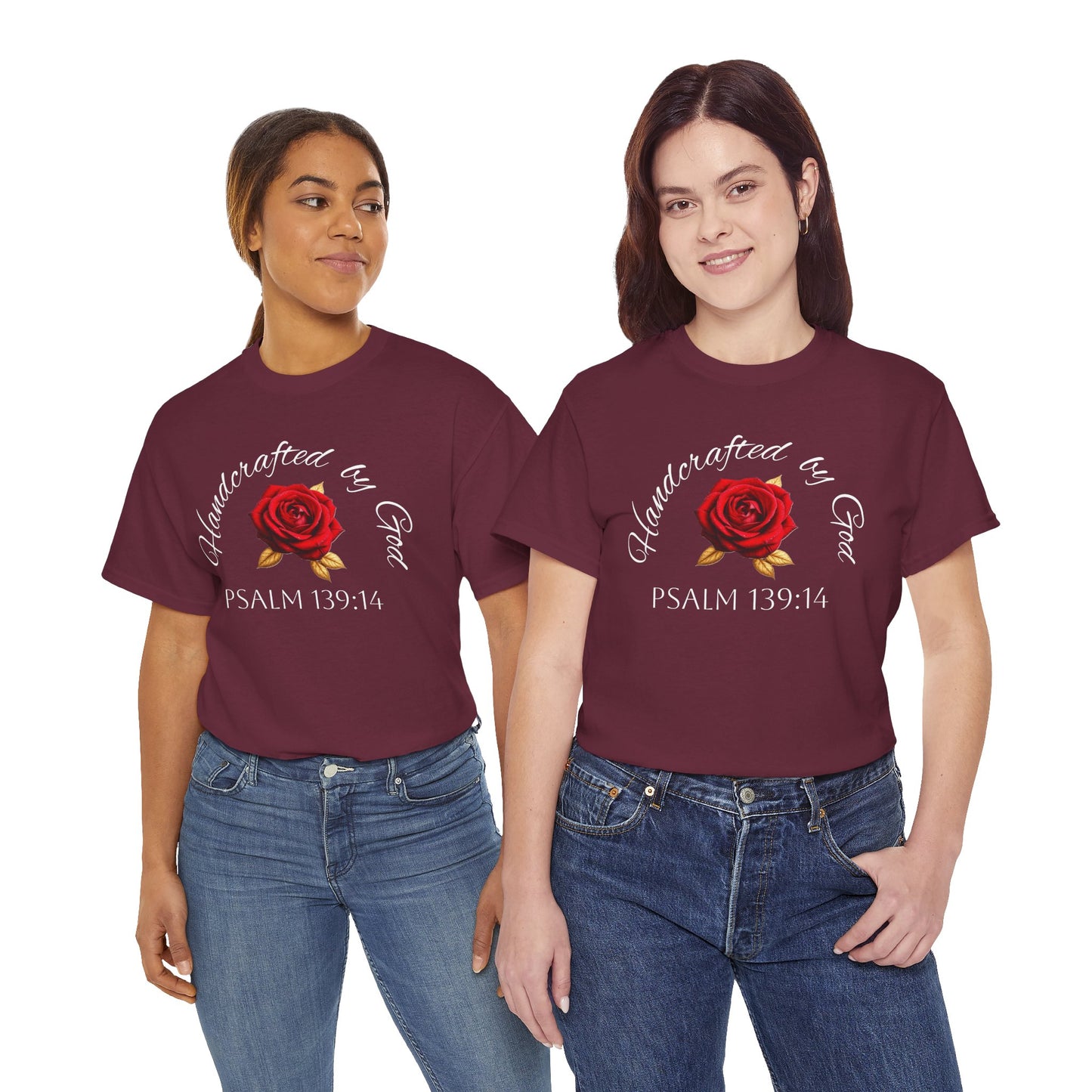Handcrafted by God (Rose) - Woman's Christian T-Shirt (White Lettering)