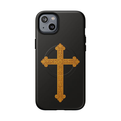 Gold Cross on Black Magnetic Tough Case for iPhone – Strength in Faith