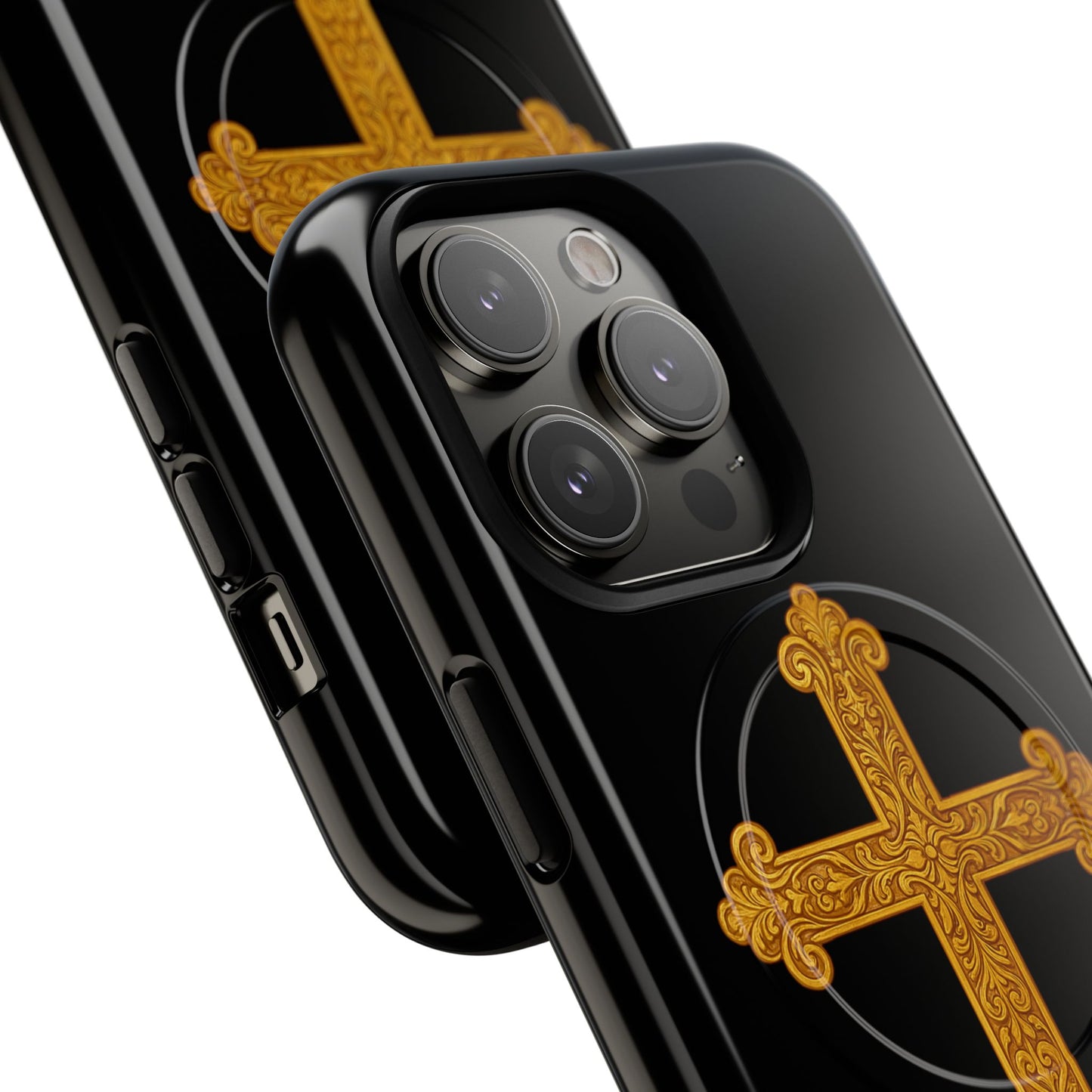 Gold Cross on Black Magnetic Tough Case for iPhone – Strength in Faith