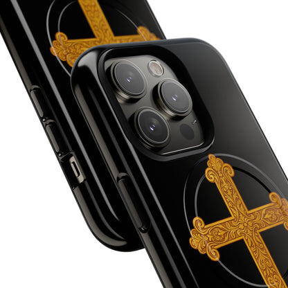 Gold Cross on Black Magnetic Tough Case for iPhone – Strength in Faith