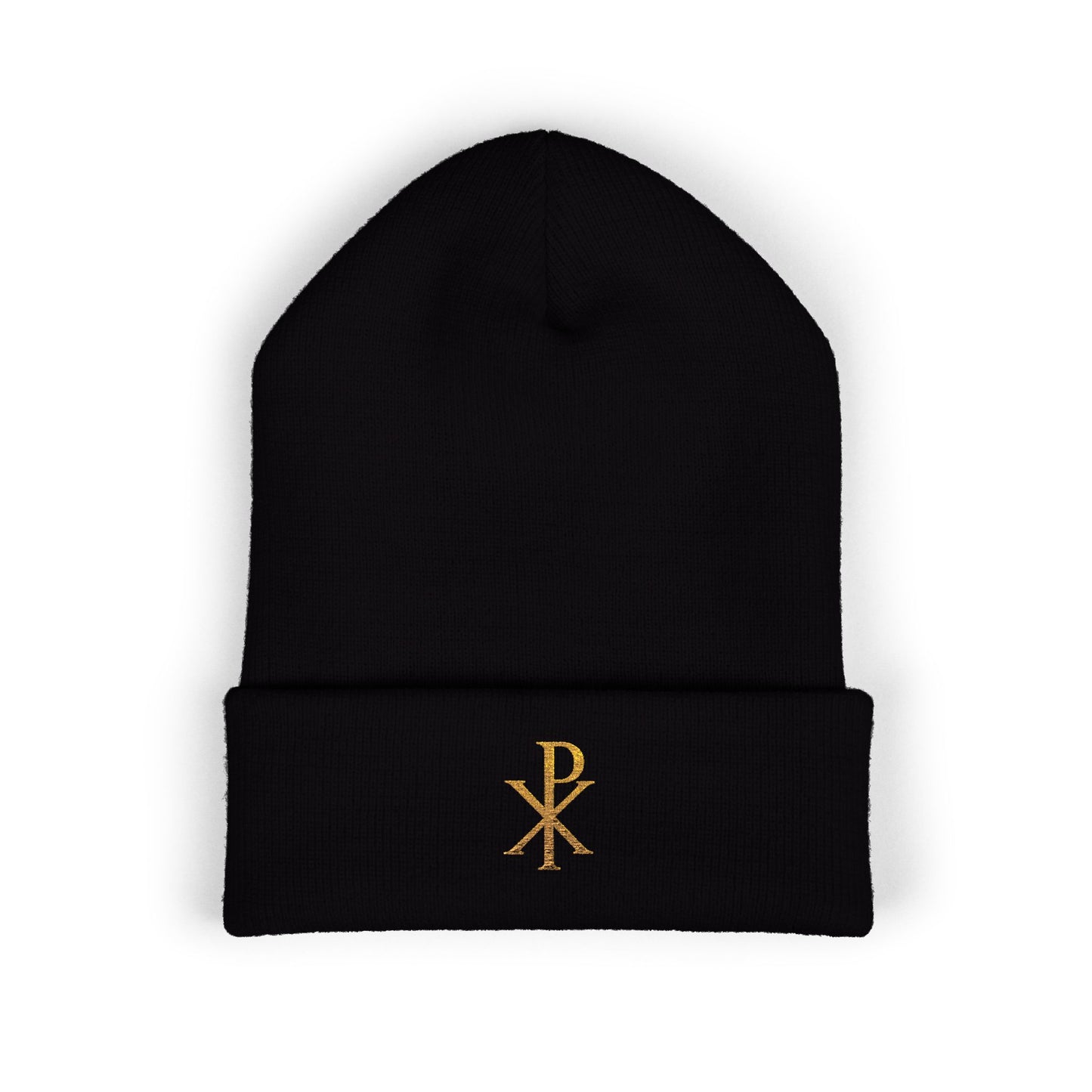 Radiant Faith Cuffed Beanie – Gold Chi Rho Embroidery