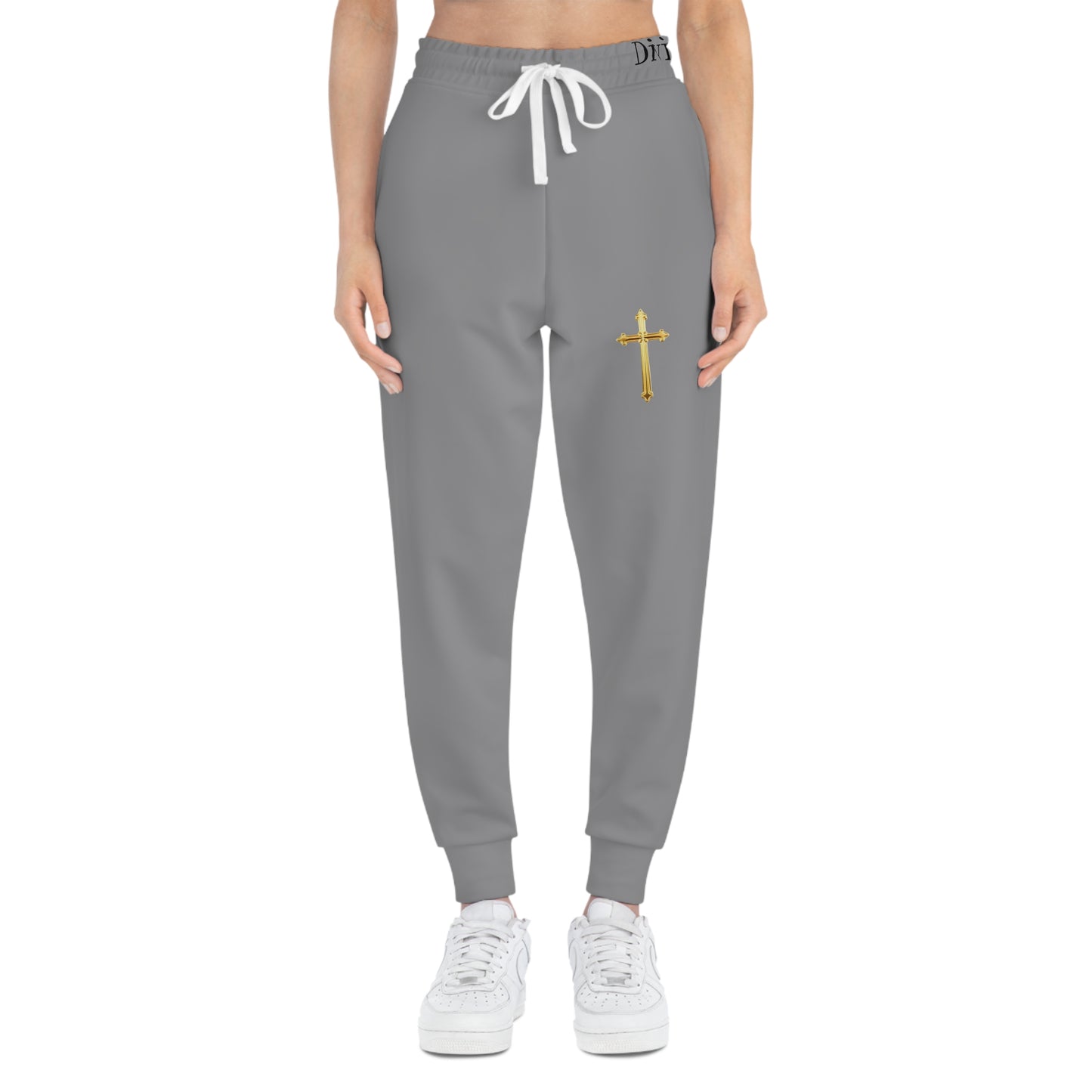 Golden Grace Women's Jogging Pants in Grey with Gold Cross Design