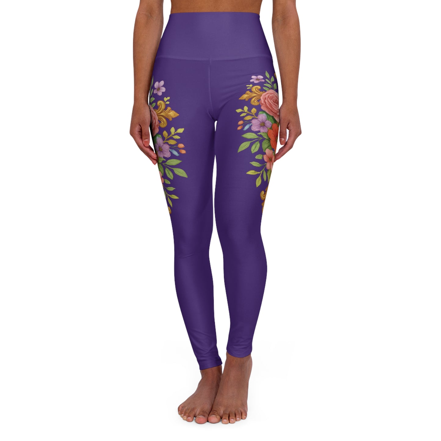Floral Cross Graceful Fit High-Waisted Leggings in Purple - Christian Women's Apparel