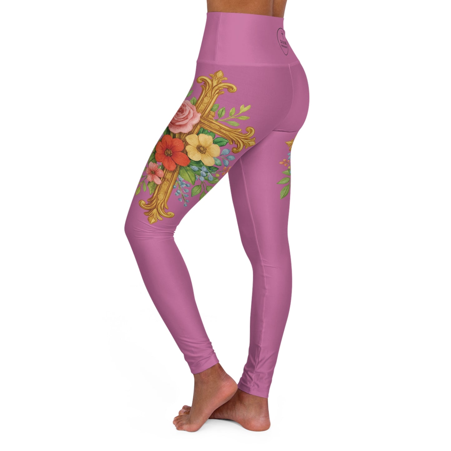 Floral Cross Graceful Fit High-Waisted Leggings in Light Pink - Christian Women's Apparel