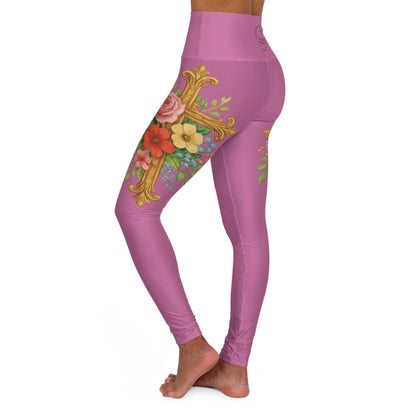 Floral Cross Graceful Fit High-Waisted Leggings in Light Pink - Christian Women's Apparel