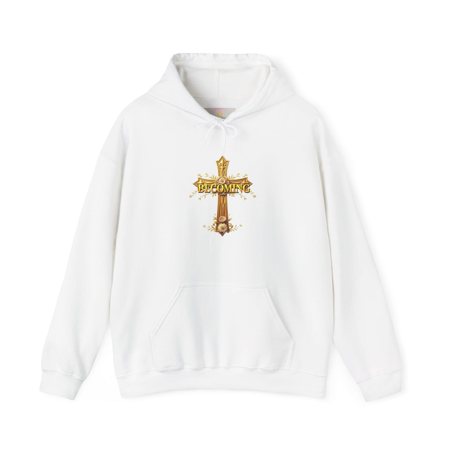 Becoming Women’s Faith Hoodie – Gold Cross Edition (1 Corinthians 15:49)