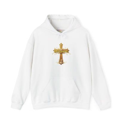 Becoming Women’s Faith Hoodie – Gold Cross Edition (1 Corinthians 15:49)