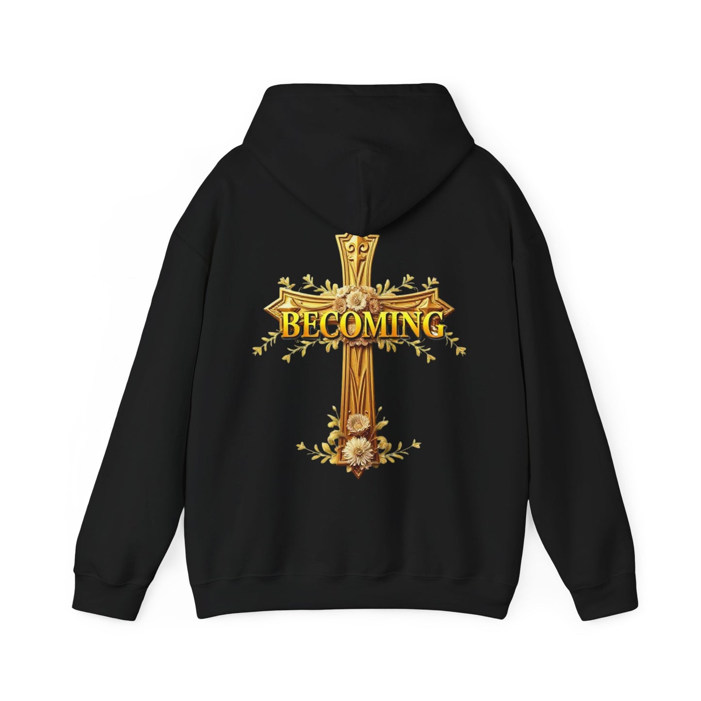 Becoming Women’s Faith Hoodie – Gold Cross Edition (1 Corinthians 15:49)