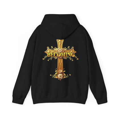 Becoming Women’s Faith Hoodie – Gold Cross Edition (1 Corinthians 15:49)