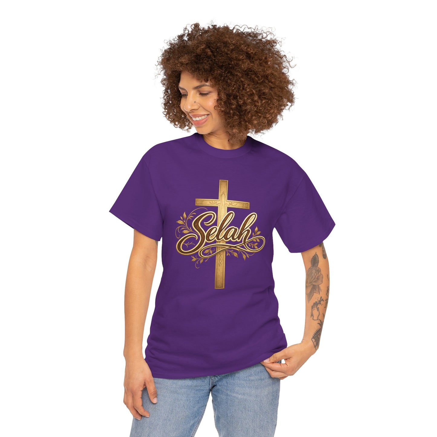 Selah Cross Tee — Women's Christian T‑Shirt with Gold Script