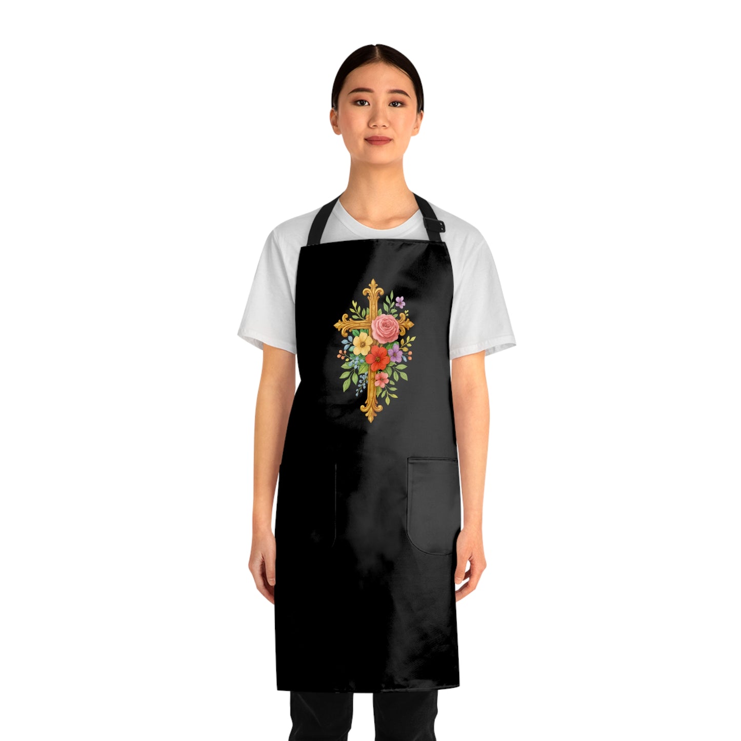 Floral Cross Christian Kitchen Apron in Black – Faith & Beauty in Every Meal