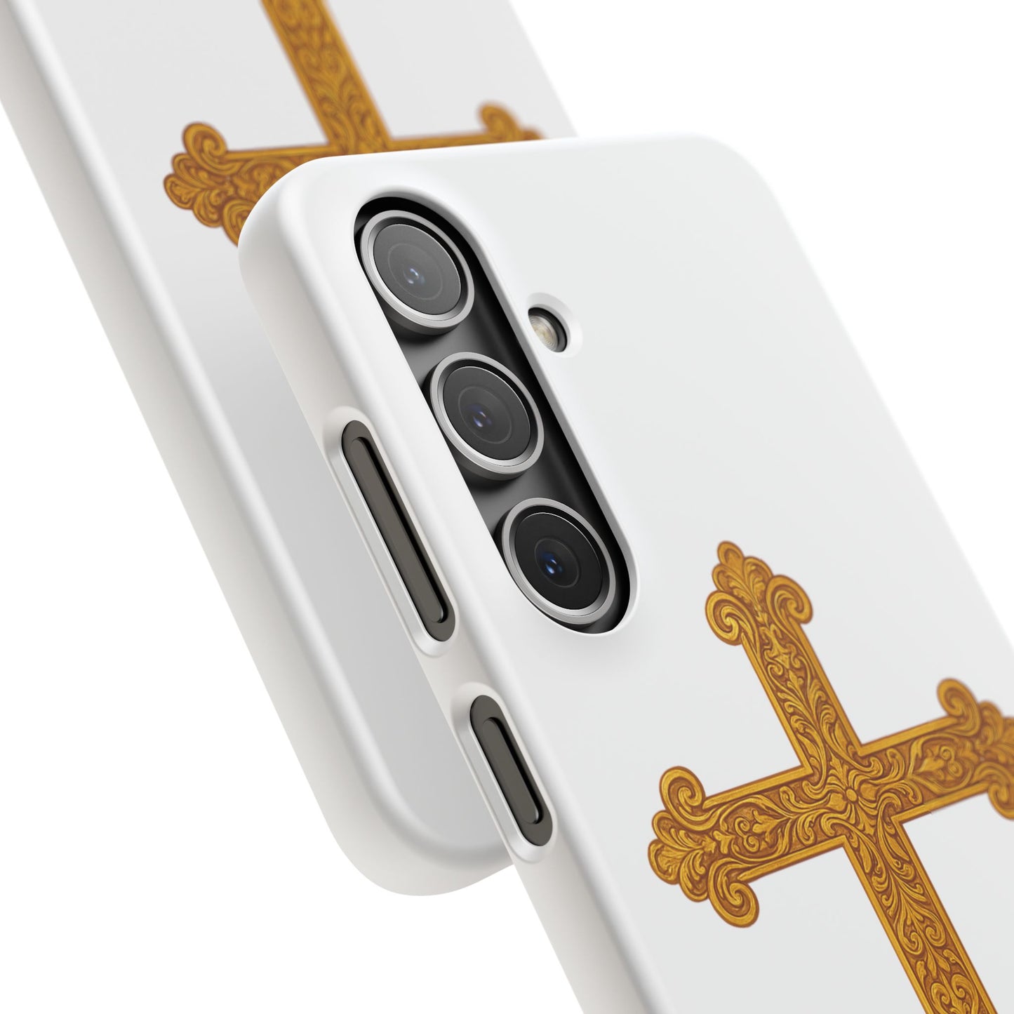 White Samsung Snap Case – Gold Cross Design