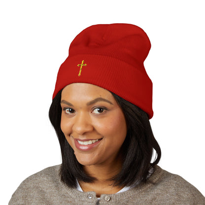 Golden Grace Cuffed Beanie – Embroidered Cross
