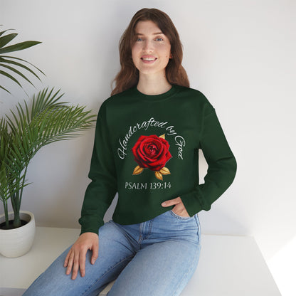 Handcrafted by God Rose Sweatshirt – White Lettering, Psalm 139:14